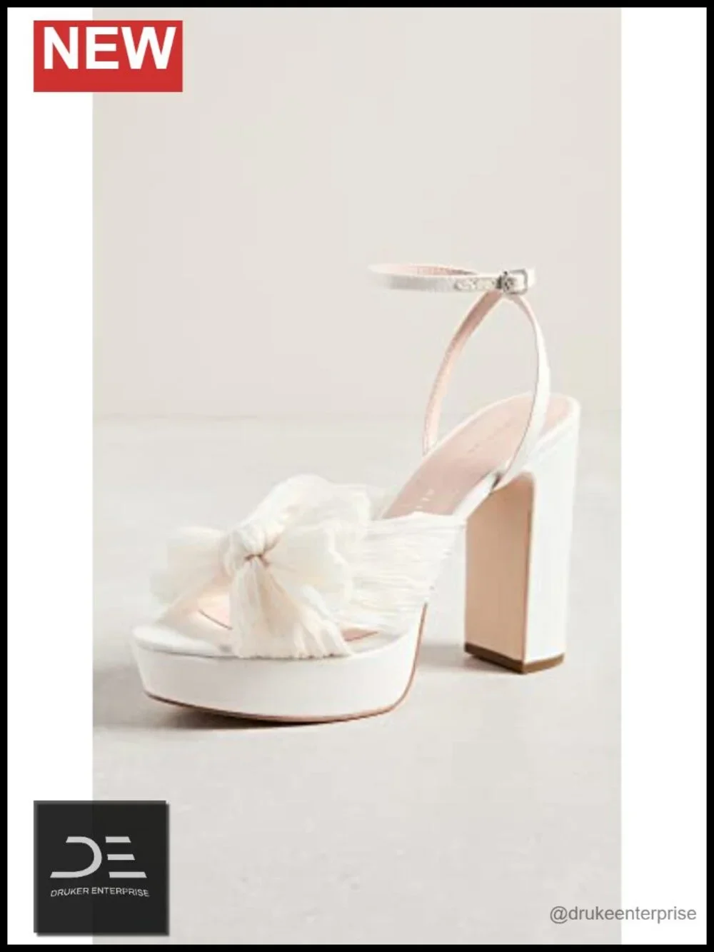 Chiffon Platform Pleated Bow Heels Chunky 4.5in Block Heel Ankle Strap